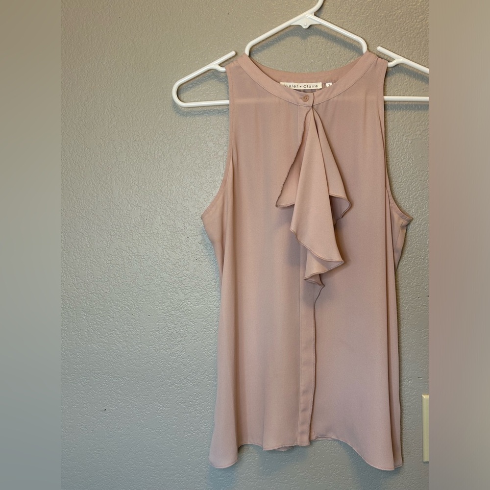 Violet + Claire Blush Sleeveless Ruffle Career Attire Button Up Sheer Blouse Top